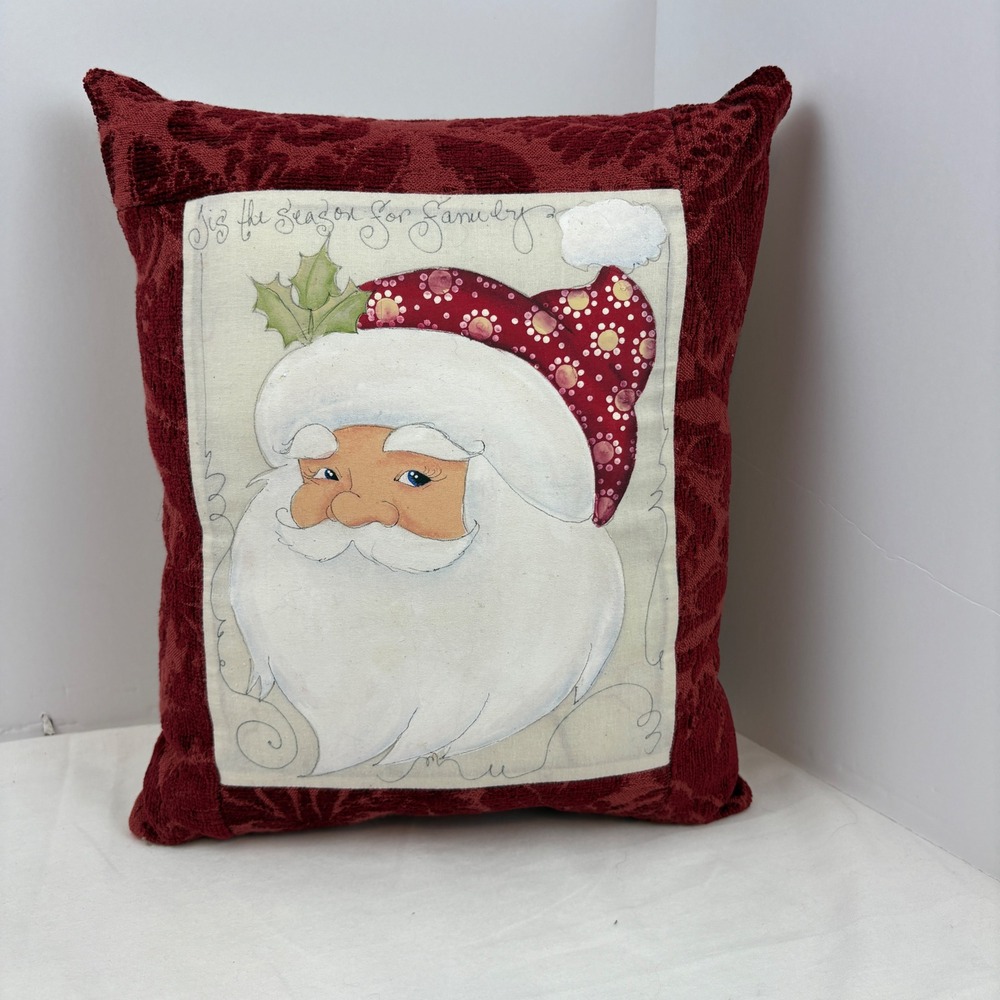 Handmade Painted Santa Claus Christmas Pillow Burgundy Damask Striped 12x11